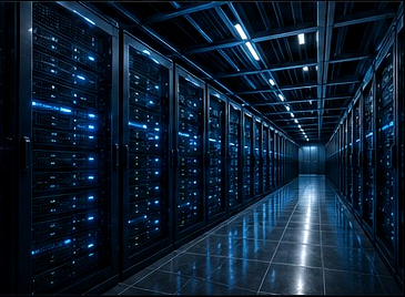 Data center corridor with server racks